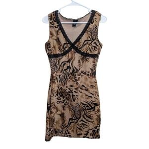 Vintage Lace Cheetah Print Size Medium Mini Bodycon Dress Brown Y2K 90s Babydoll